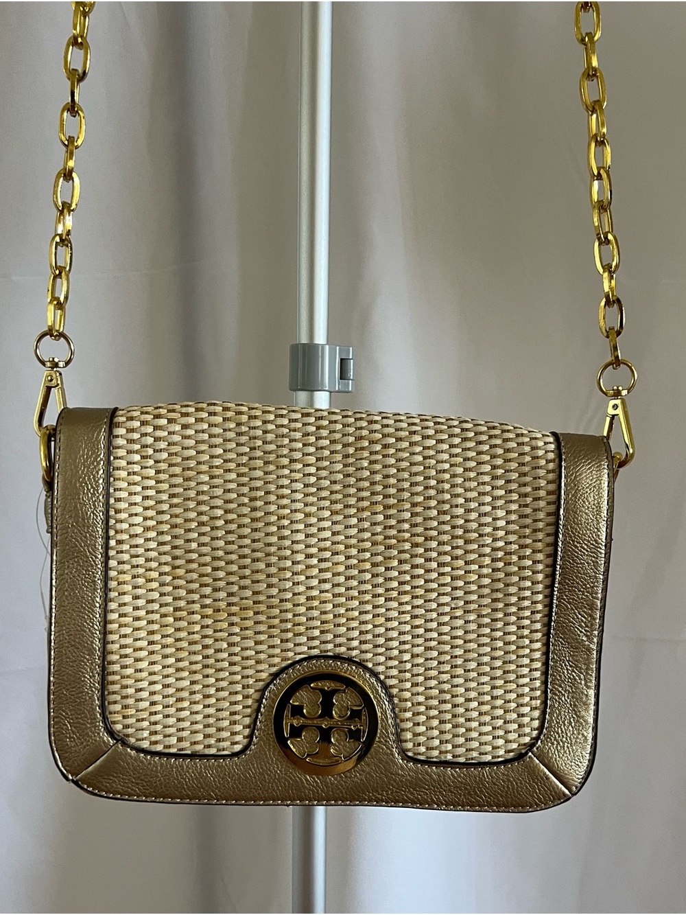 Gold Woven Crossbody with Logo Medallion